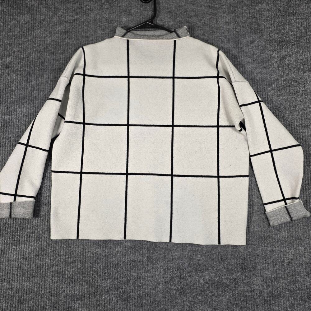Cynthia Rowley Windowpane Sweater Jacket XL Black White Grid Knit Open Front